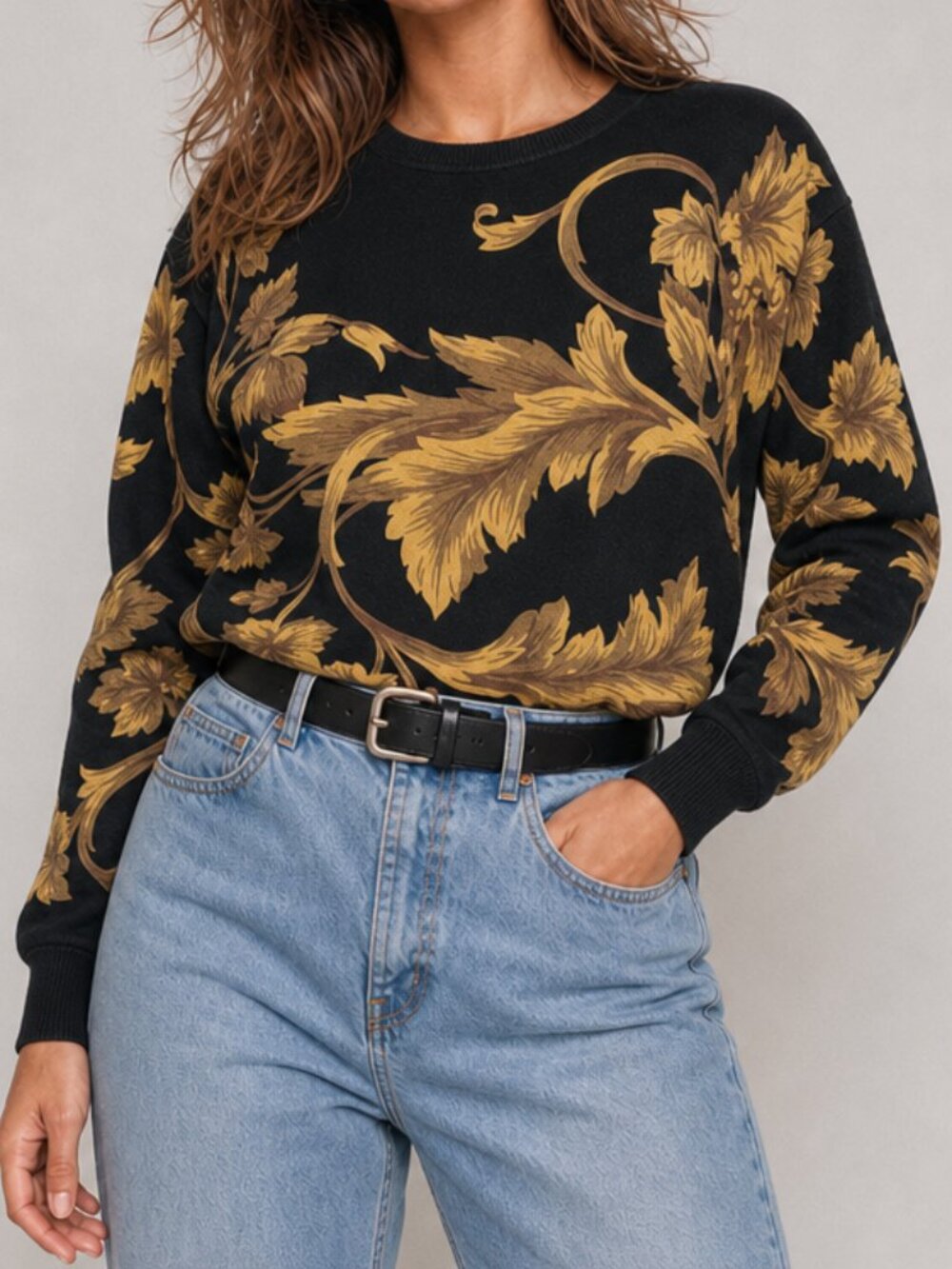 TC fashion 90's Regencycore Medium Flourish Sweater Top Black Gold